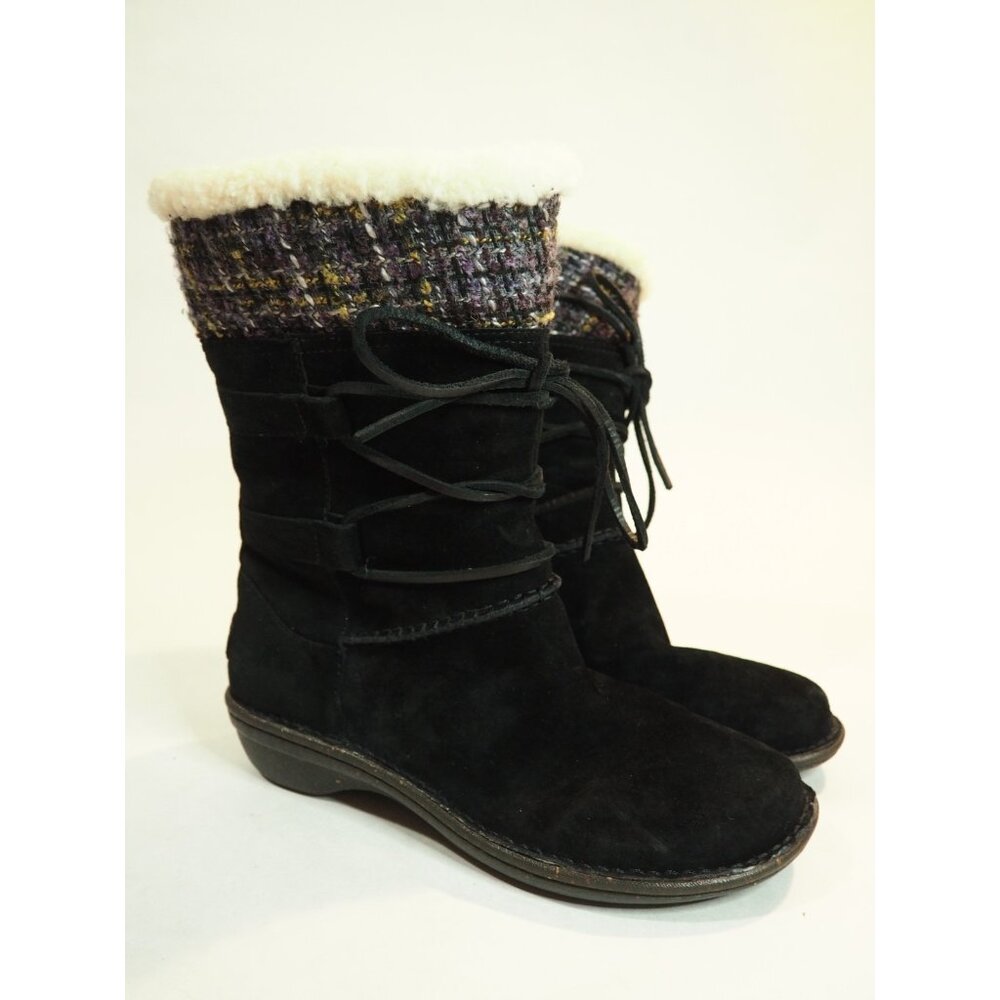 Ugg Black Leather Suede Tweed Cuff Sheepskin Lined Laced Boots, Size 9 (US)